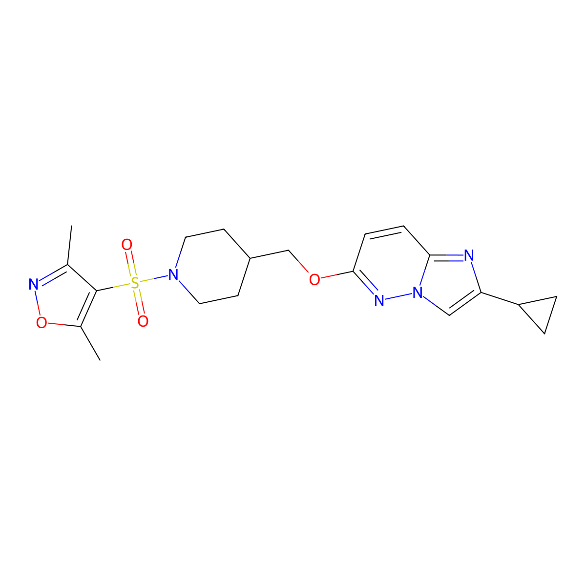 4-[({2-Cyclopropylimidazo[1,2-b]pyridazin-6-yl}oxy)methyl]-1-[(3,5-dimethyl-1,2-oxazol-4-yl)sulfonyl]piperidine molecular structure, CAS 2549025-55-8