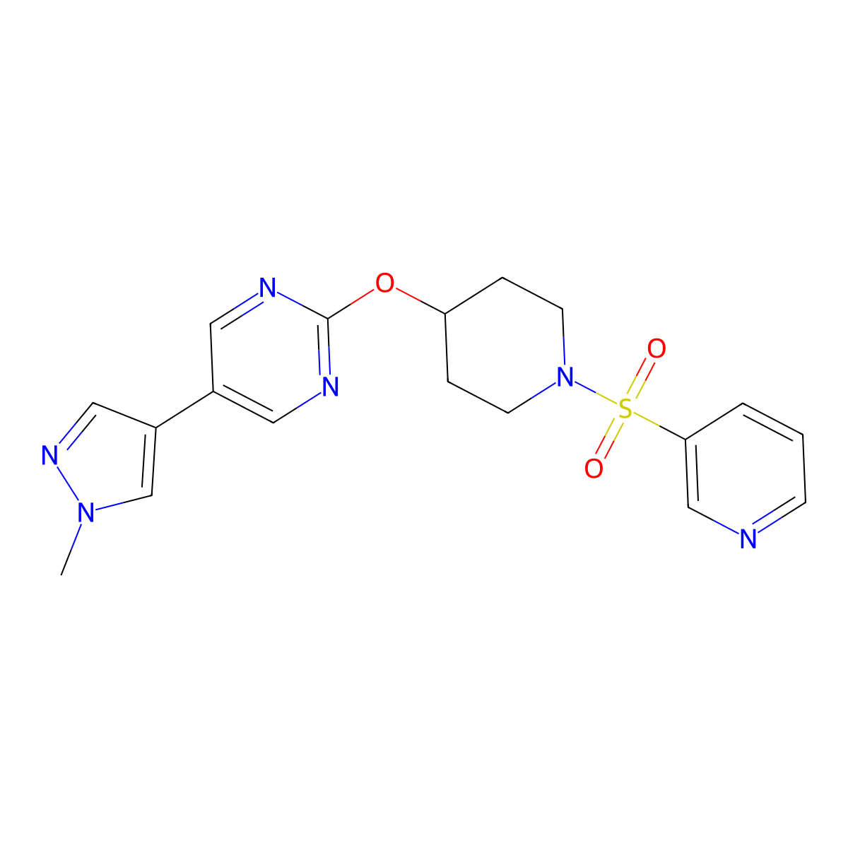 5-(1-methyl-1H-pyrazol-4-yl)-2-{[1-(pyridine-3-sulfonyl)piperidin-4-yl]oxy}pyrimidine molecular structure, CAS 2549025-66-1