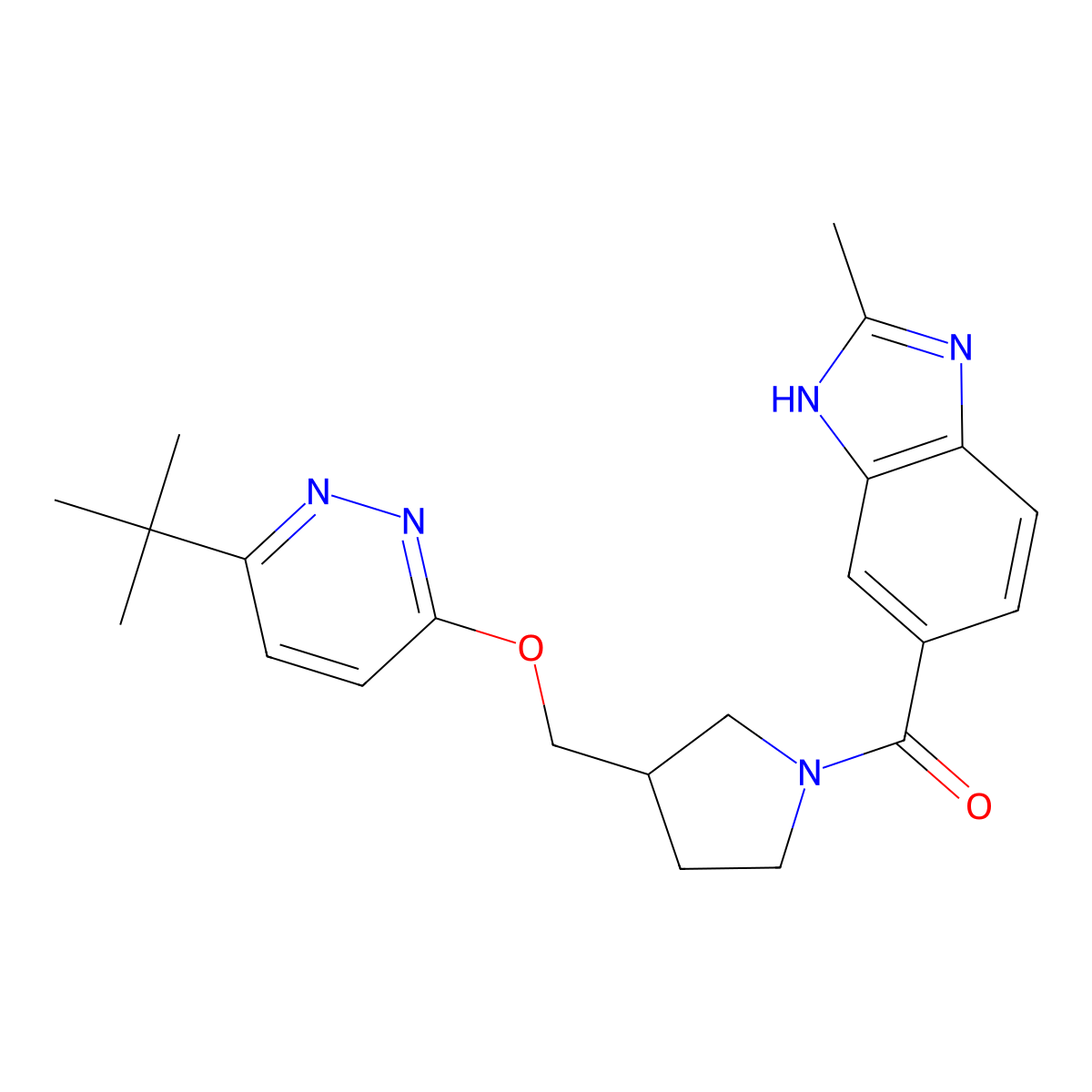 5-(3-{[(6-tert-butylpyridazin-3-yl)oxy]methyl}pyrrolidine-1-carbonyl)-2-methyl-1H-1,3-benzodiazole molecular structure, CAS 2549025-67-2
