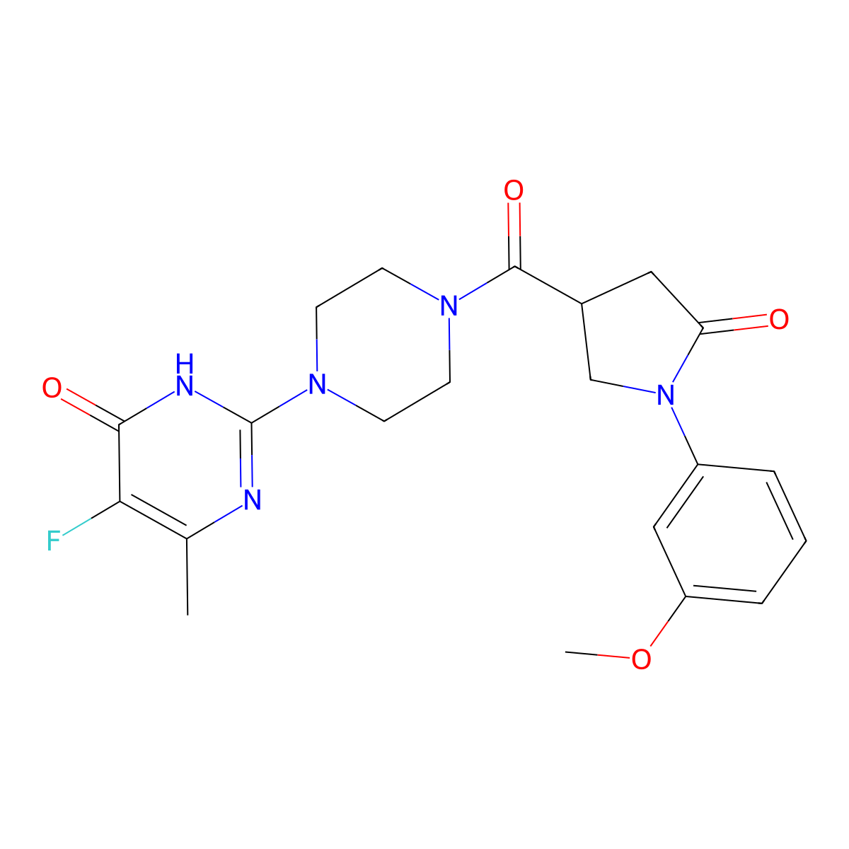 5-Fluoro-2-{4-[1-(3-methoxyphenyl)-5-oxopyrrolidine-3-carbonyl]piperazin-1-yl}-6-methyl-3,4-dihydropyrimidin-4-one molecular structure, CAS 2549025-70-7