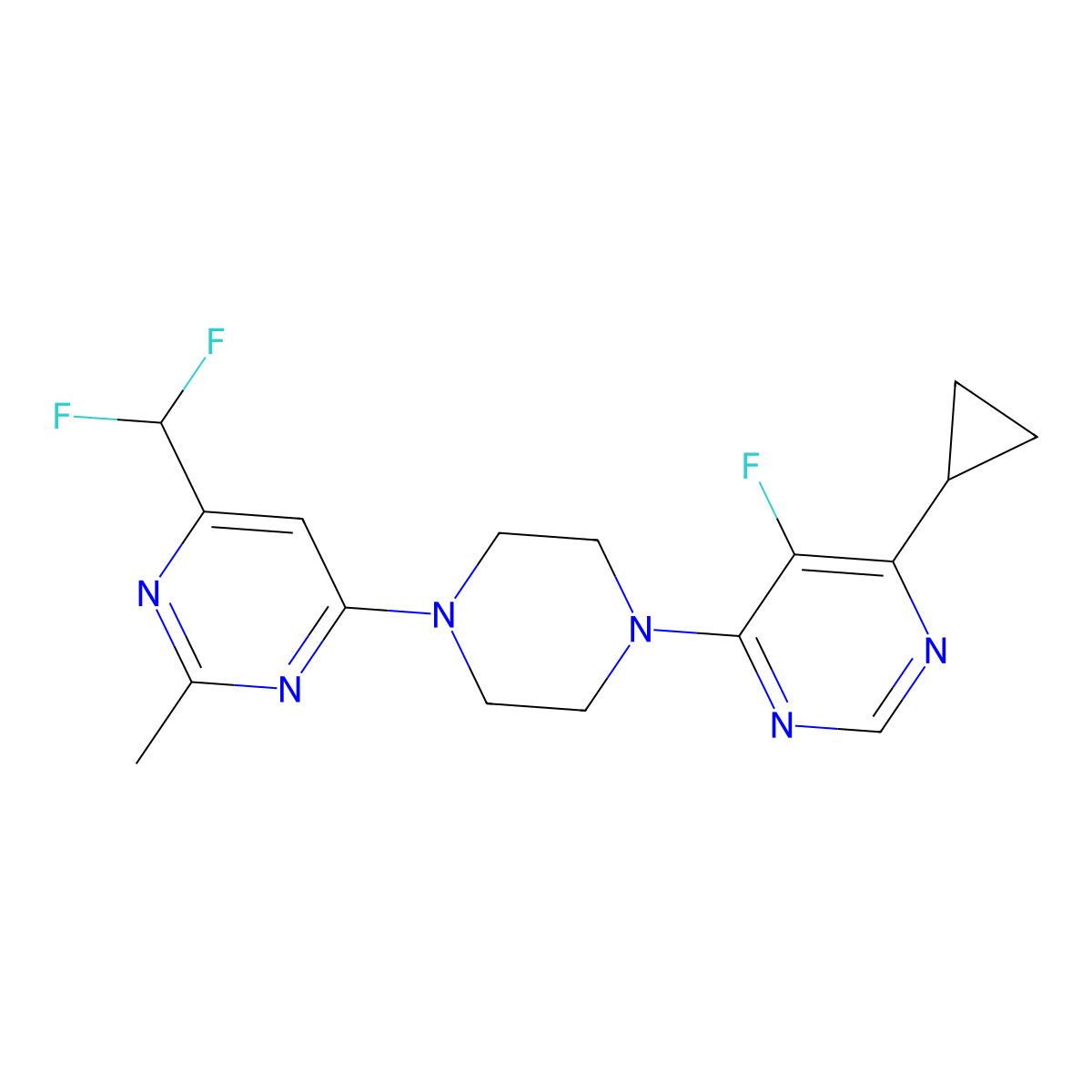 4-Cyclopropyl-6-{4-[6-(difluoromethyl)-2-methylpyrimidin-4-yl]piperazin-1-yl}-5-fluoropyrimidine molecular structure, CAS 2549025-80-9