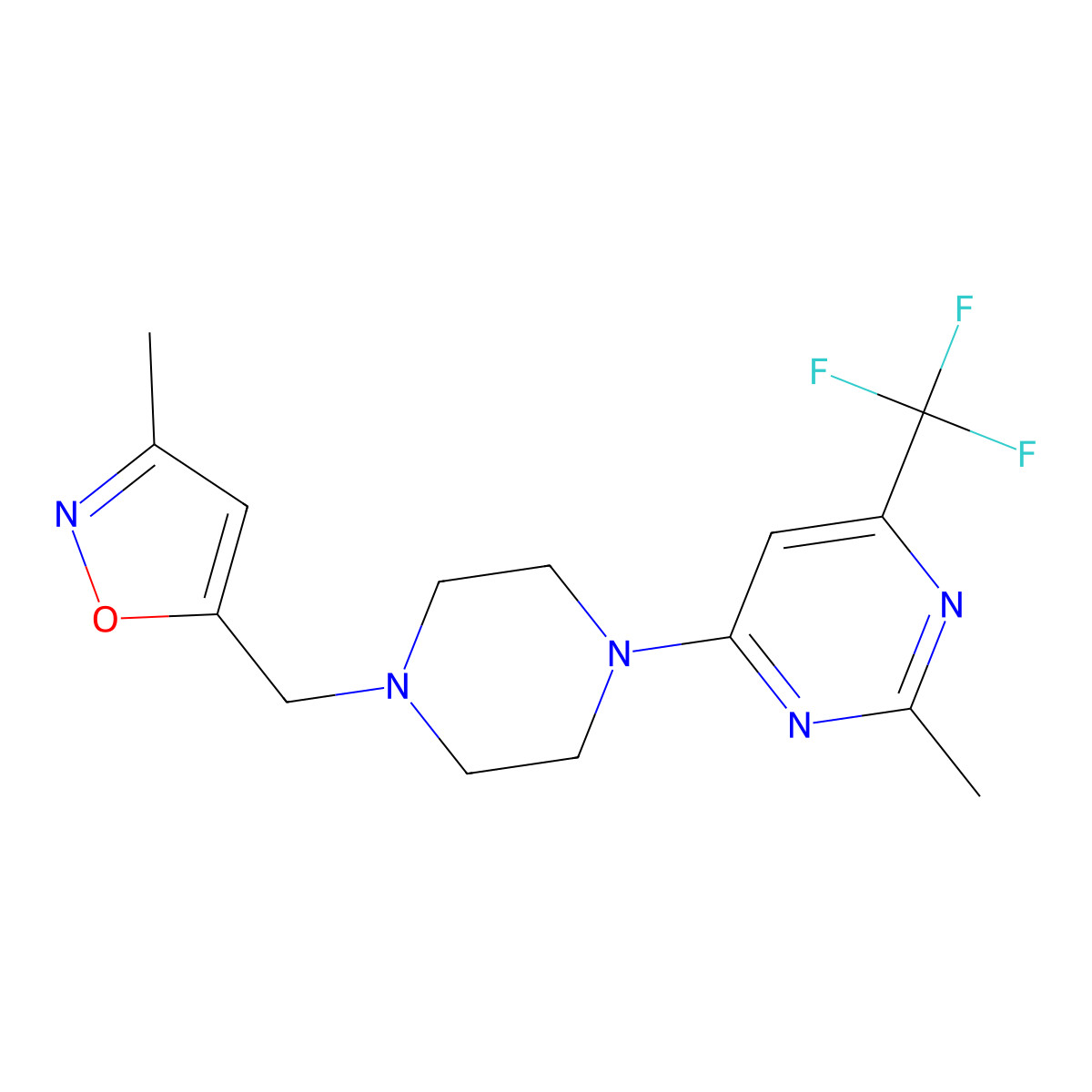 2-Methyl-4-{4-[(3-methyl-1,2-oxazol-5-yl)methyl]piperazin-1-yl}-6-(trifluoromethyl)pyrimidine molecular structure, CAS 2549025-81-0