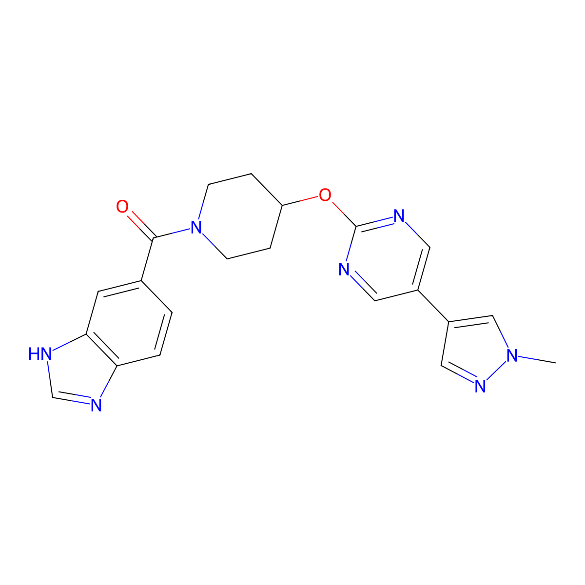 5-(4-{[5-(1-methyl-1H-pyrazol-4-yl)pyrimidin-2-yl]oxy}piperidine-1-carbonyl)-1H-1,3-benzodiazole molecular structure, CAS 2549025-85-4