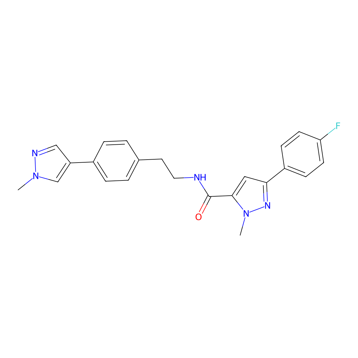 3-(4-fluorophenyl)-1-methyl-N-{2-[4-(1-methyl-1H-pyrazol-4-yl)phenyl]ethyl}-1H-pyrazole-5-carboxamide molecular structure, CAS 2549025-92-3