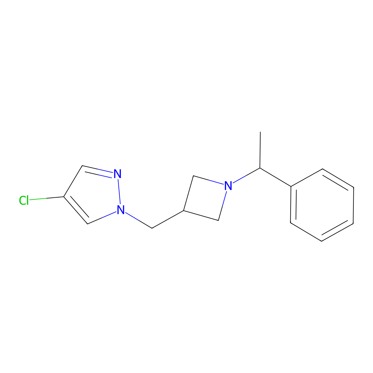 4-chloro-1-{[1-(1-phenylethyl)azetidin-3-yl]methyl}-1H-pyrazole molecular structure, CAS 2549025-95-6
