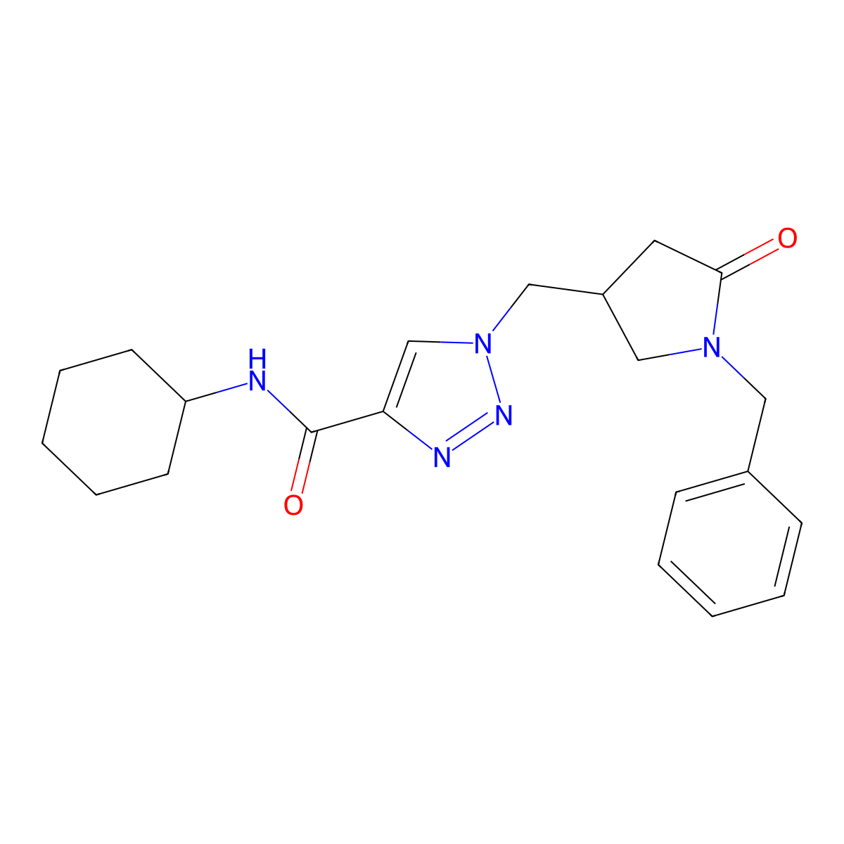 1-[(1-benzyl-5-oxopyrrolidin-3-yl)methyl]-N-cyclohexyl-1H-1,2,3-triazole-4-carboxamide molecular structure, CAS 2549026-38-0