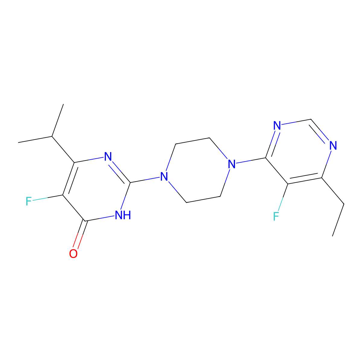 2-[4-(6-Ethyl-5-fluoropyrimidin-4-yl)piperazin-1-yl]-5-fluoro-6-(propan-2-yl)-3,4-dihydropyrimidin-4-one molecular structure, CAS 2549026-52-8