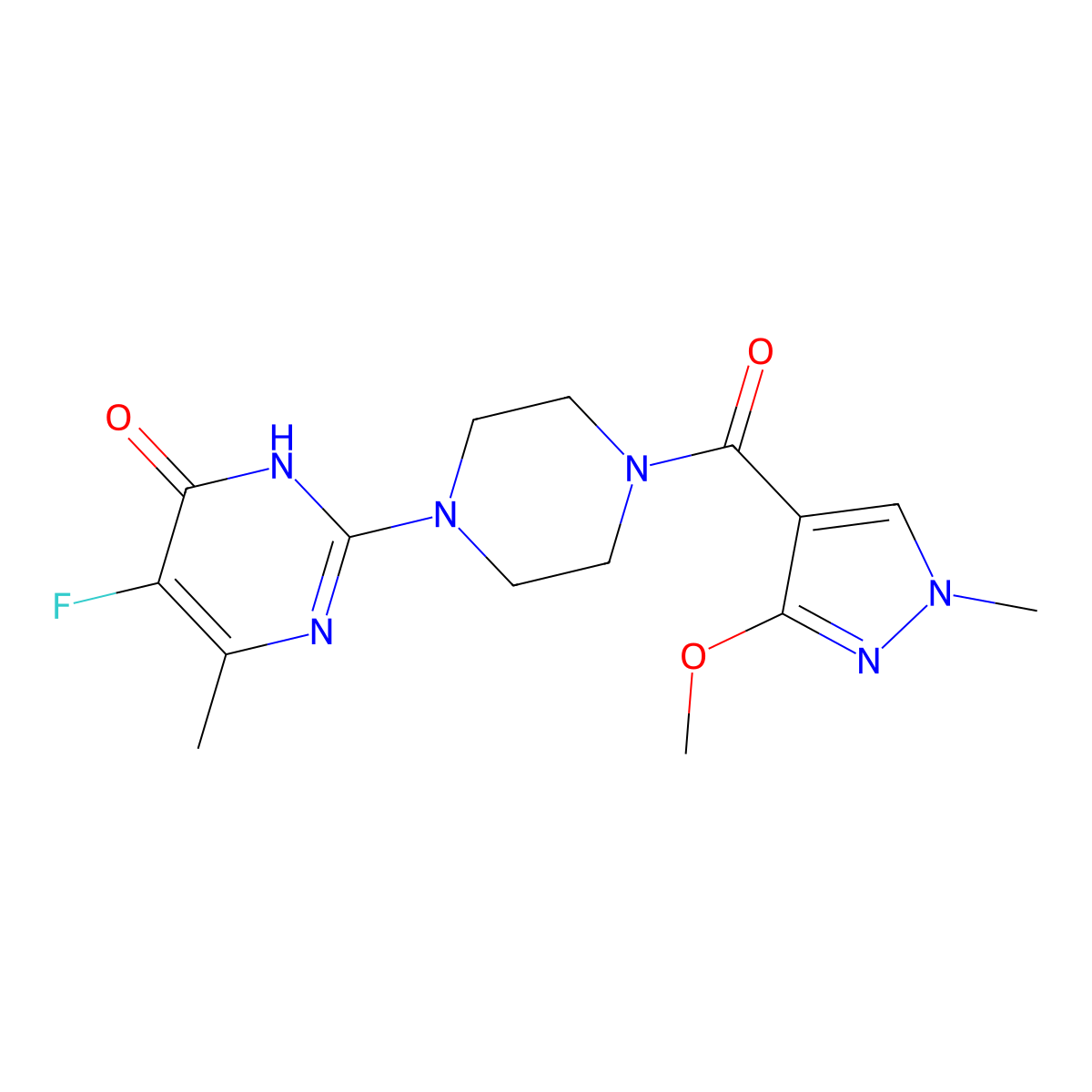 5-fluoro-2-[4-(3-methoxy-1-methyl-1H-pyrazole-4-carbonyl)piperazin-1-yl]-6-methyl-3,4-dihydropyrimidin-4-one molecular structure, CAS 2549026-57-3