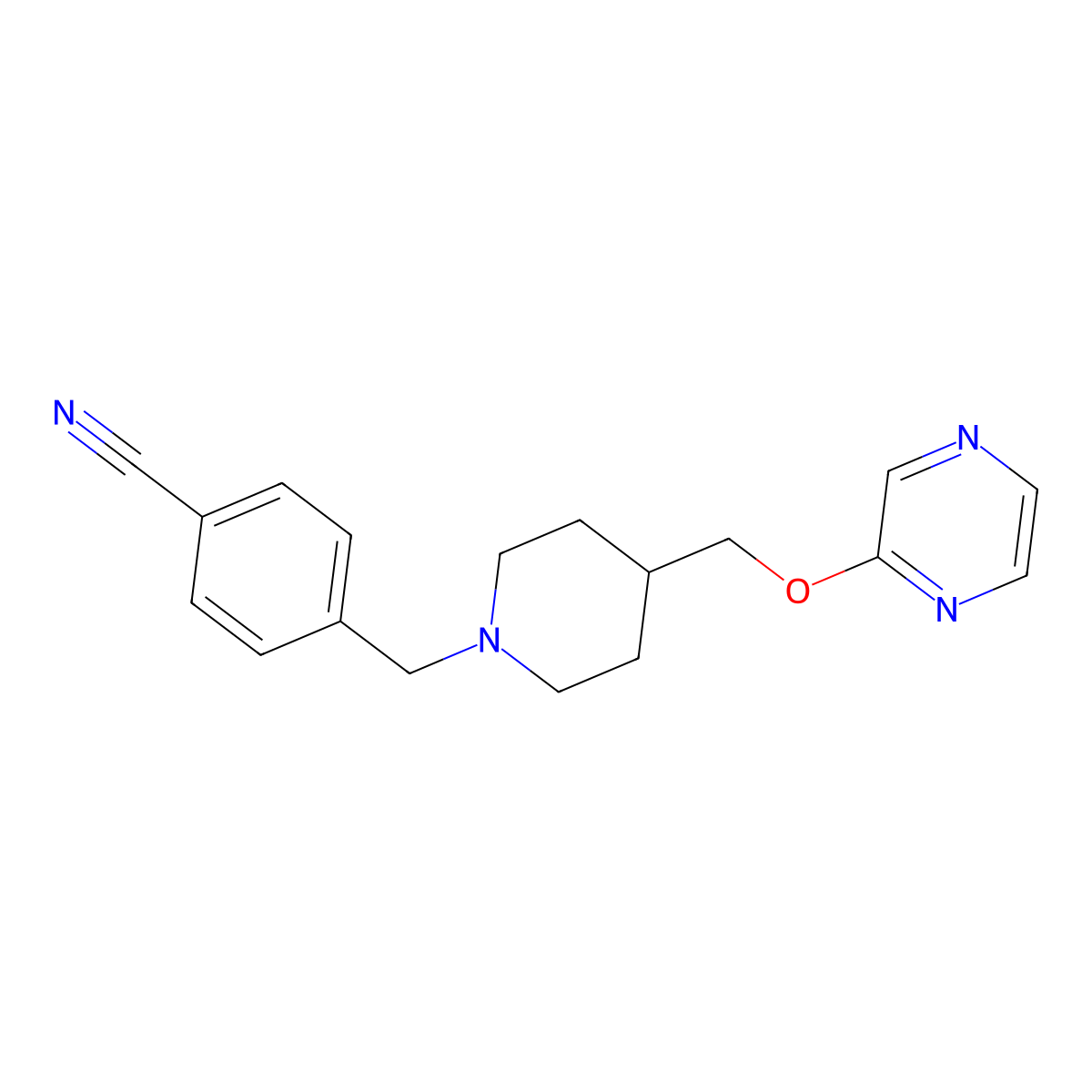 4-({4-[(Pyrazin-2-yloxy)methyl]piperidin-1-yl}methyl)benzonitrile molecular structure, CAS 2549026-71-1