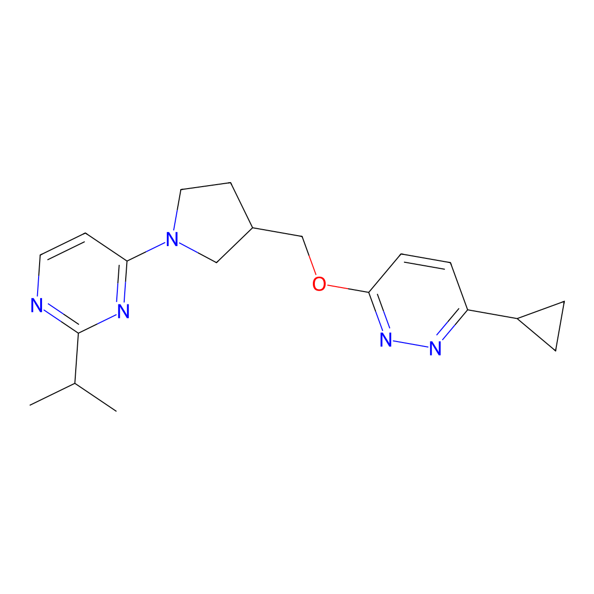 4-(3-{[(6-Cyclopropylpyridazin-3-yl)oxy]methyl}pyrrolidin-1-yl)-2-(propan-2-yl)pyrimidine molecular structure, CAS 2549026-72-2