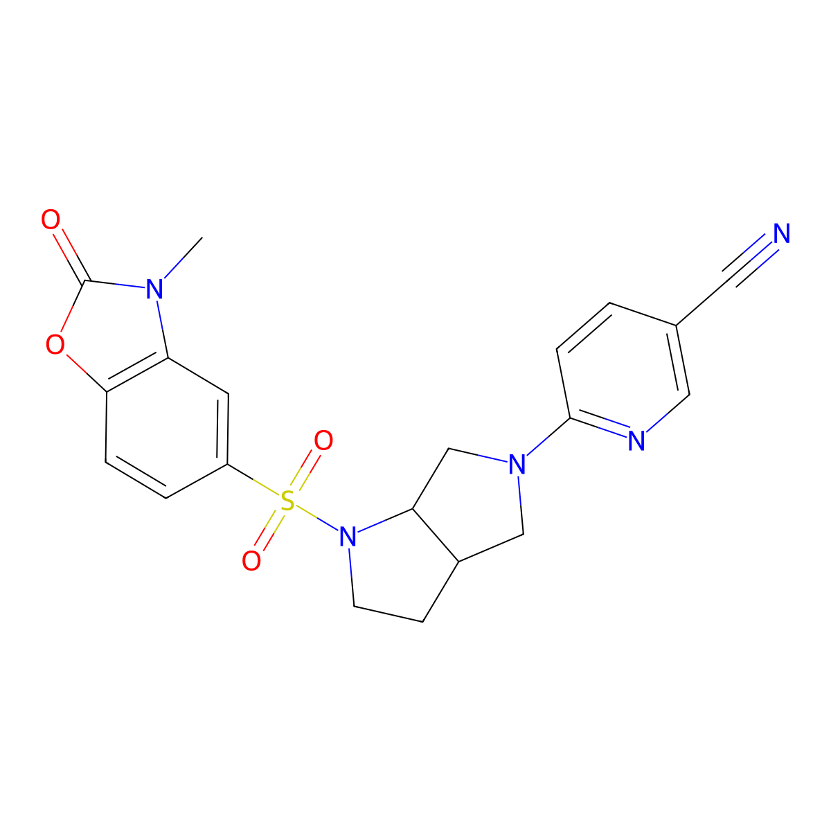 6-{1-[(3-Methyl-2-oxo-2,3-dihydro-1,3-benzoxazol-5-yl)sulfonyl]-octahydropyrrolo[2,3-c]pyrrol-5-yl}pyridine-3-carbonitrile molecular structure, CAS 2549026-75-5