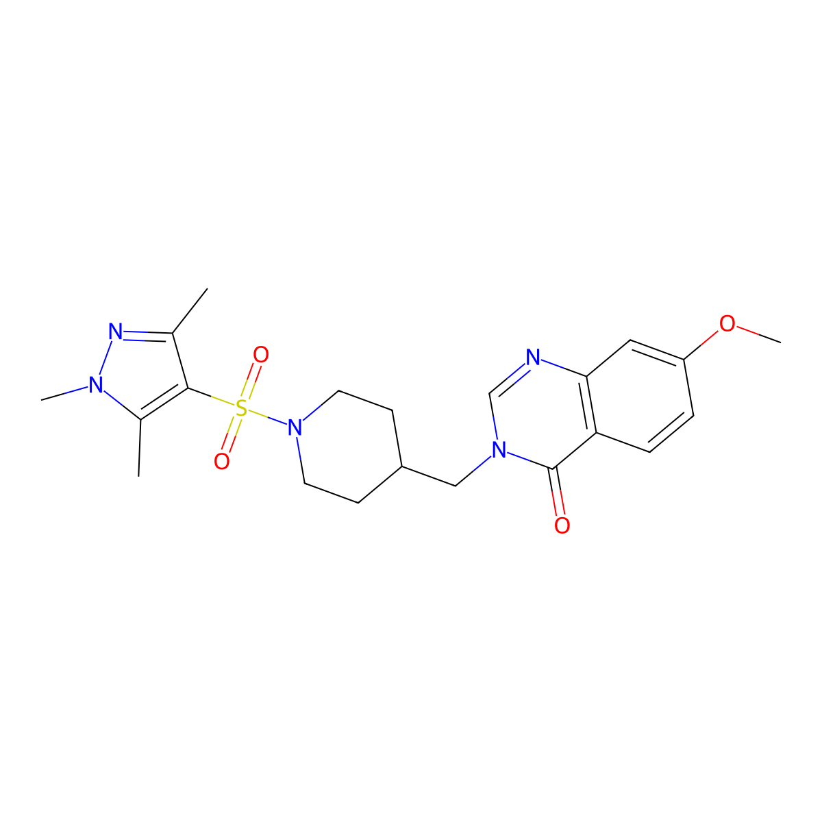 7-methoxy-3-({1-[(1,3,5-trimethyl-1H-pyrazol-4-yl)sulfonyl]piperidin-4-yl}methyl)-3,4-dihydroquinazolin-4-one molecular structure, CAS 2549026-80-2