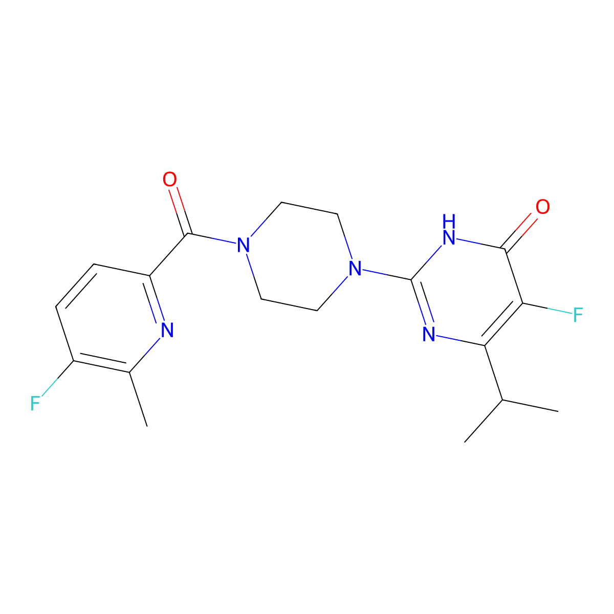 5-Fluoro-2-[4-(5-fluoro-6-methylpyridine-2-carbonyl)piperazin-1-yl]-6-(propan-2-yl)-3,4-dihydropyrimidin-4-one molecular structure, CAS 2549026-83-5