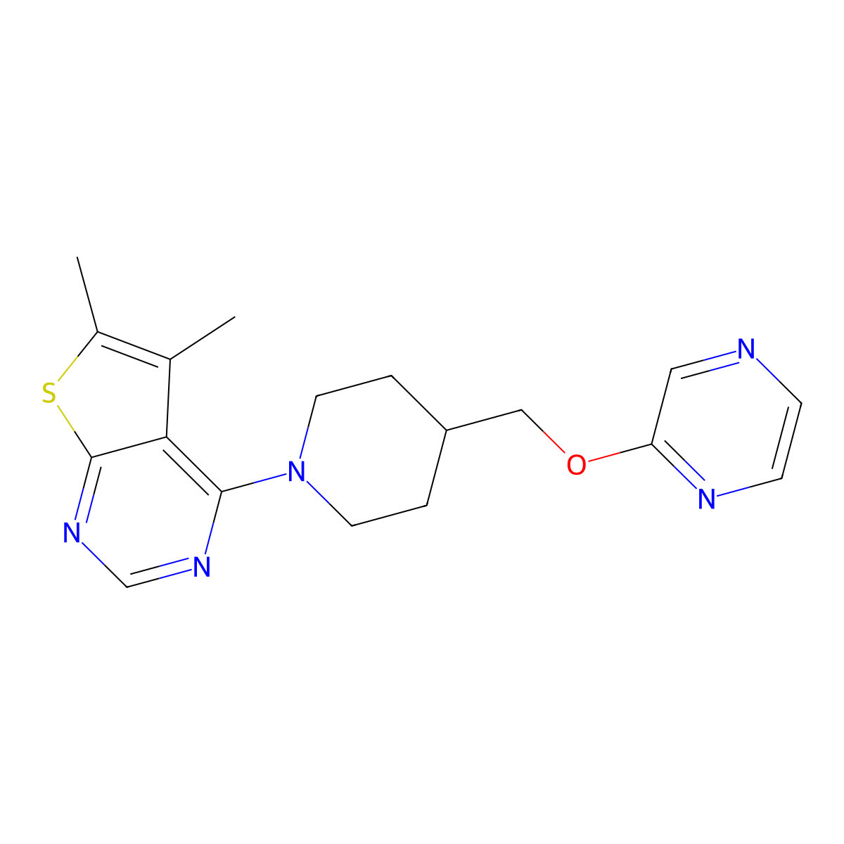 2-[(1-{5,6-Dimethylthieno[2,3-d]pyrimidin-4-yl}piperidin-4-yl)methoxy]pyrazine molecular structure, CAS 2549026-85-7