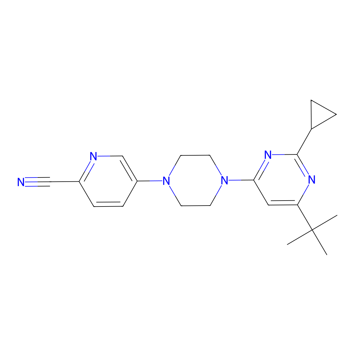 5-[4-(6-Tert-butyl-2-cyclopropylpyrimidin-4-yl)piperazin-1-yl]pyridine-2-carbonitrile molecular structure, CAS 2549026-86-8