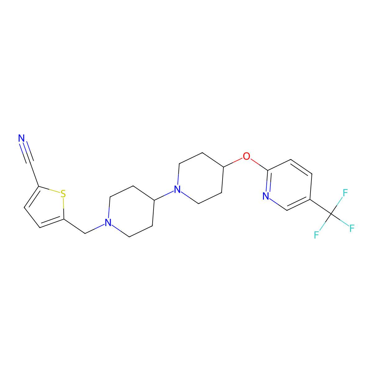 5-[(4-{[5-(Trifluoromethyl)pyridin-2-yl]oxy}-[1,4'-bipiperidine]-1'-yl)methyl]thiophene-2-carbonitrile molecular structure, CAS 2549026-91-5