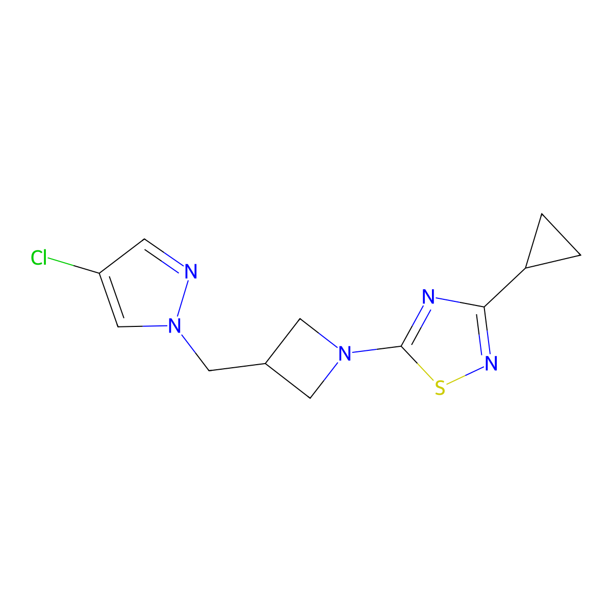 5-{3-[(4-chloro-1H-pyrazol-1-yl)methyl]azetidin-1-yl}-3-cyclopropyl-1,2,4-thiadiazole molecular structure, CAS 2549026-95-9
