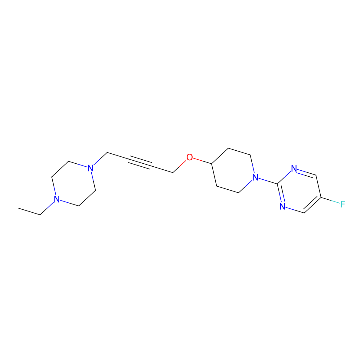 2-(4-{[4-(4-Ethylpiperazin-1-yl)but-2-yn-1-yl]oxy}piperidin-1-yl)-5-fluoropyrimidine molecular structure, CAS 2549026-96-0