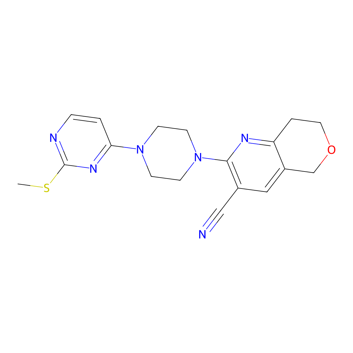2-{4-[2-(methylsulfanyl)pyrimidin-4-yl]piperazin-1-yl}-5H,7H,8H-pyrano[4,3-b]pyridine-3-carbonitrile molecular structure, CAS 2549027-07-6