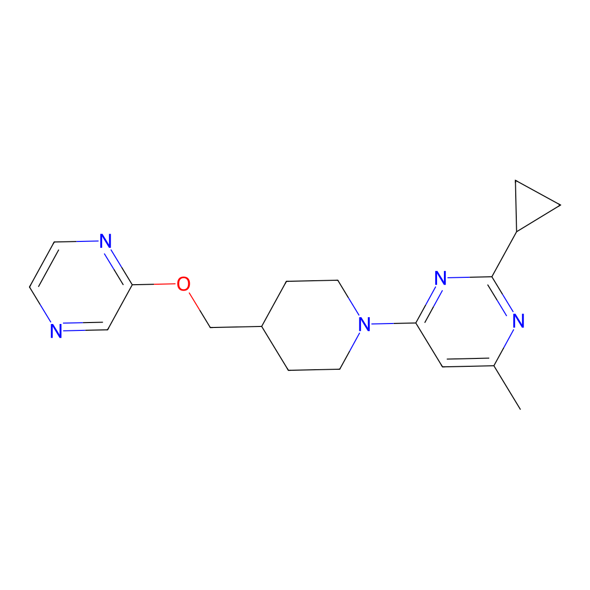 2-Cyclopropyl-4-methyl-6-{4-[(pyrazin-2-yloxy)methyl]piperidin-1-yl}pyrimidine molecular structure, CAS 2549027-08-7