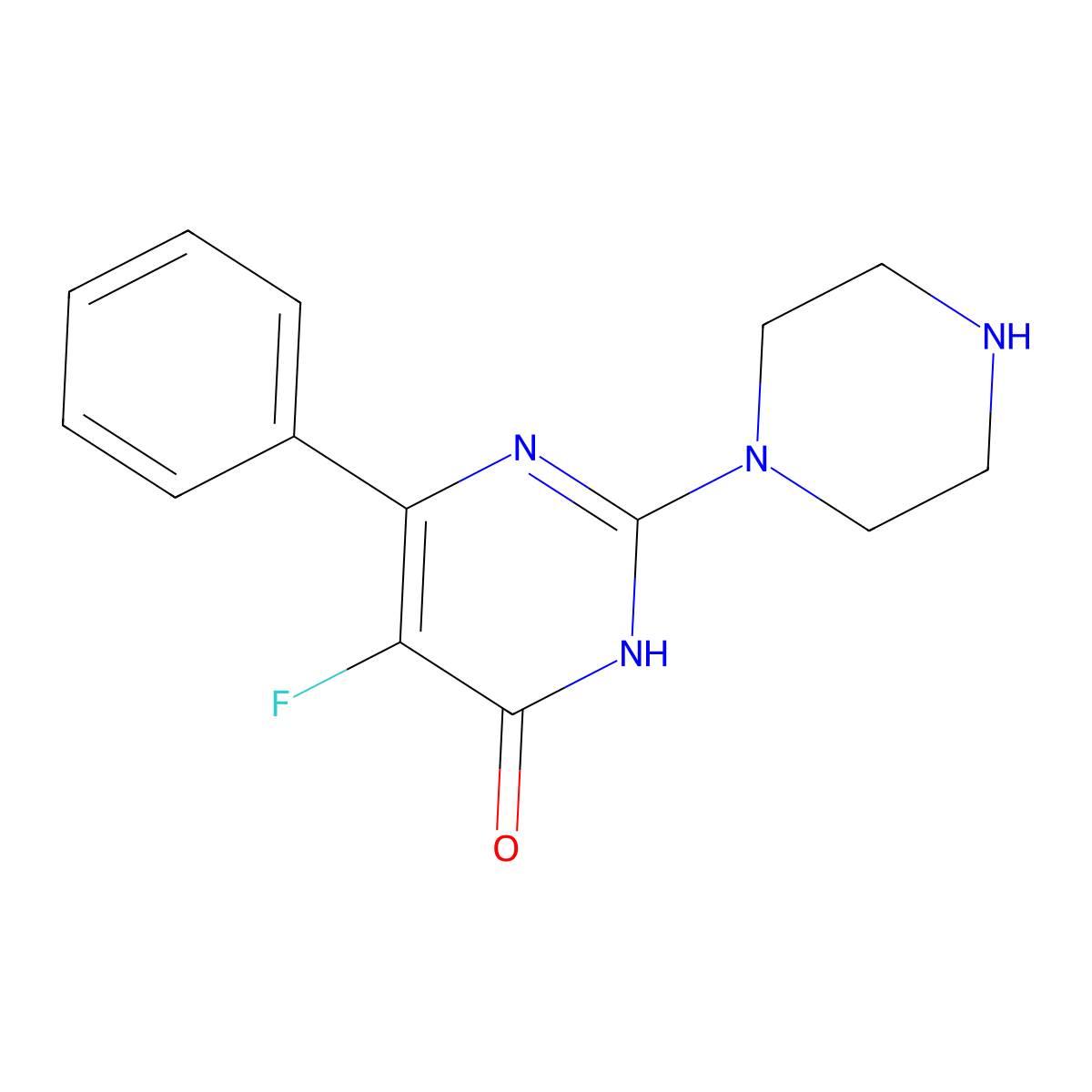 5-Fluoro-6-phenyl-2-(piperazin-1-yl)-3,4-dihydropyrimidin-4-one molecular structure, CAS 2549027-11-2