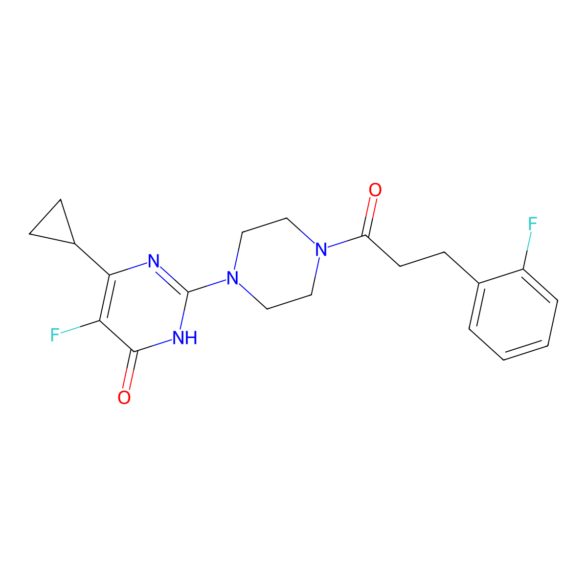 6-Cyclopropyl-5-fluoro-2-{4-[3-(2-fluorophenyl)propanoyl]piperazin-1-yl}-3,4-dihydropyrimidin-4-one molecular structure, CAS 2549027-22-5