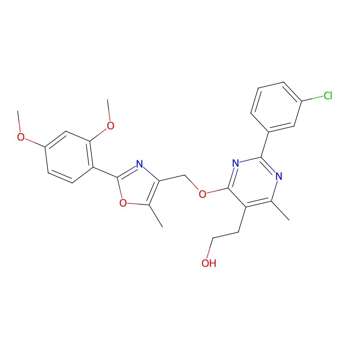 2-[2-(3-Chlorophenyl)-4-{[2-(2,4-dimethoxyphenyl)-5-methyl-1,3-oxazol-4-yl]methoxy}-6-methylpyrimidin-5-yl]ethan-1-ol molecular structure, CAS 2549027-24-7