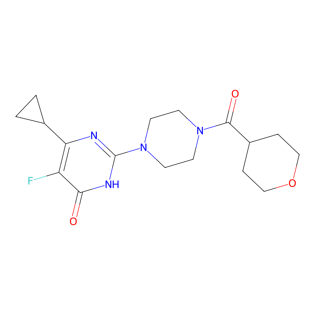 6-Cyclopropyl-5-fluoro-2-[4-(oxane-4-carbonyl)piperazin-1-yl]-3,4-dihydropyrimidin-4-one molecular structure, CAS 2549027-42-9