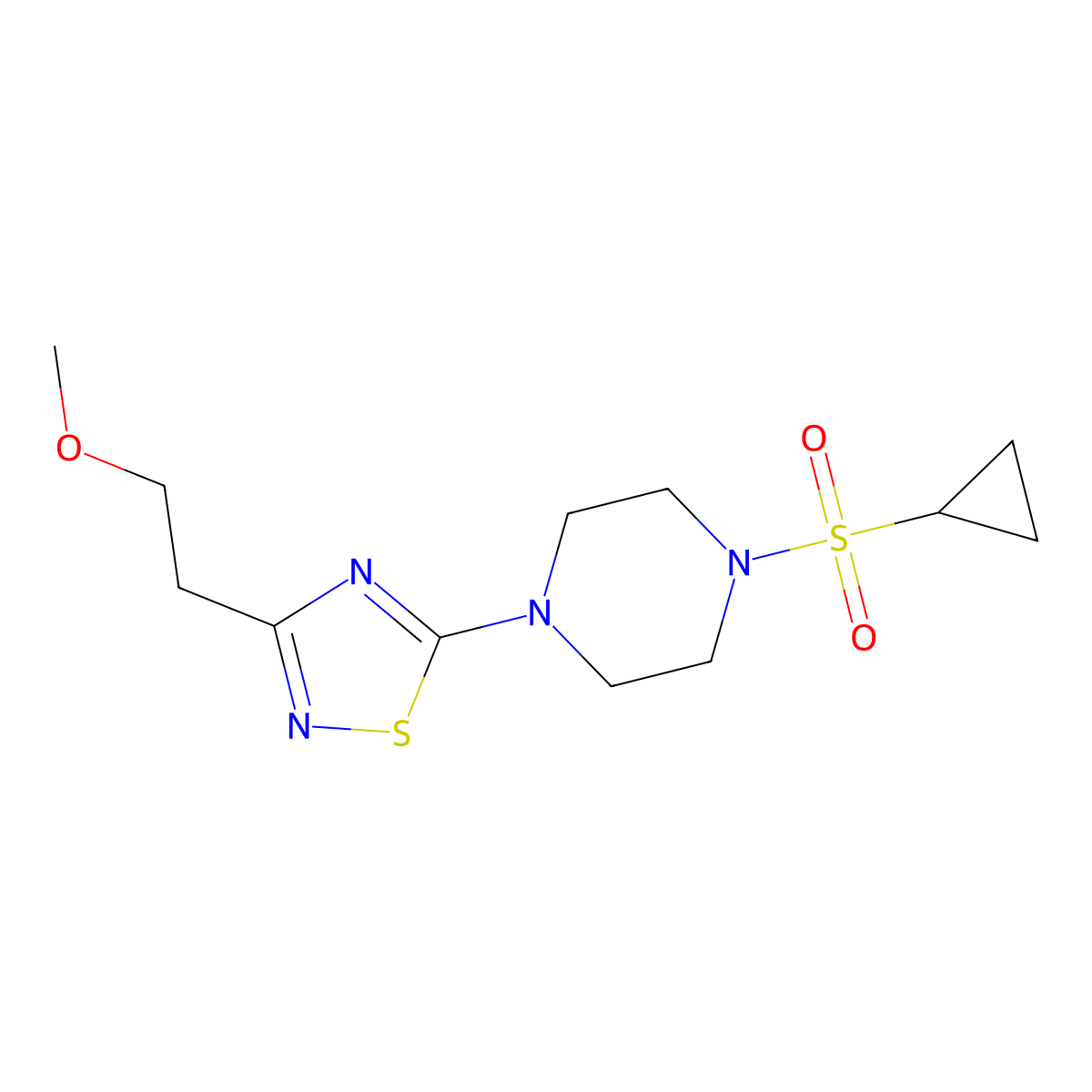 1-(Cyclopropanesulfonyl)-4-[3-(2-methoxyethyl)-1,2,4-thiadiazol-5-yl]piperazine molecular structure, CAS 2549027-46-3