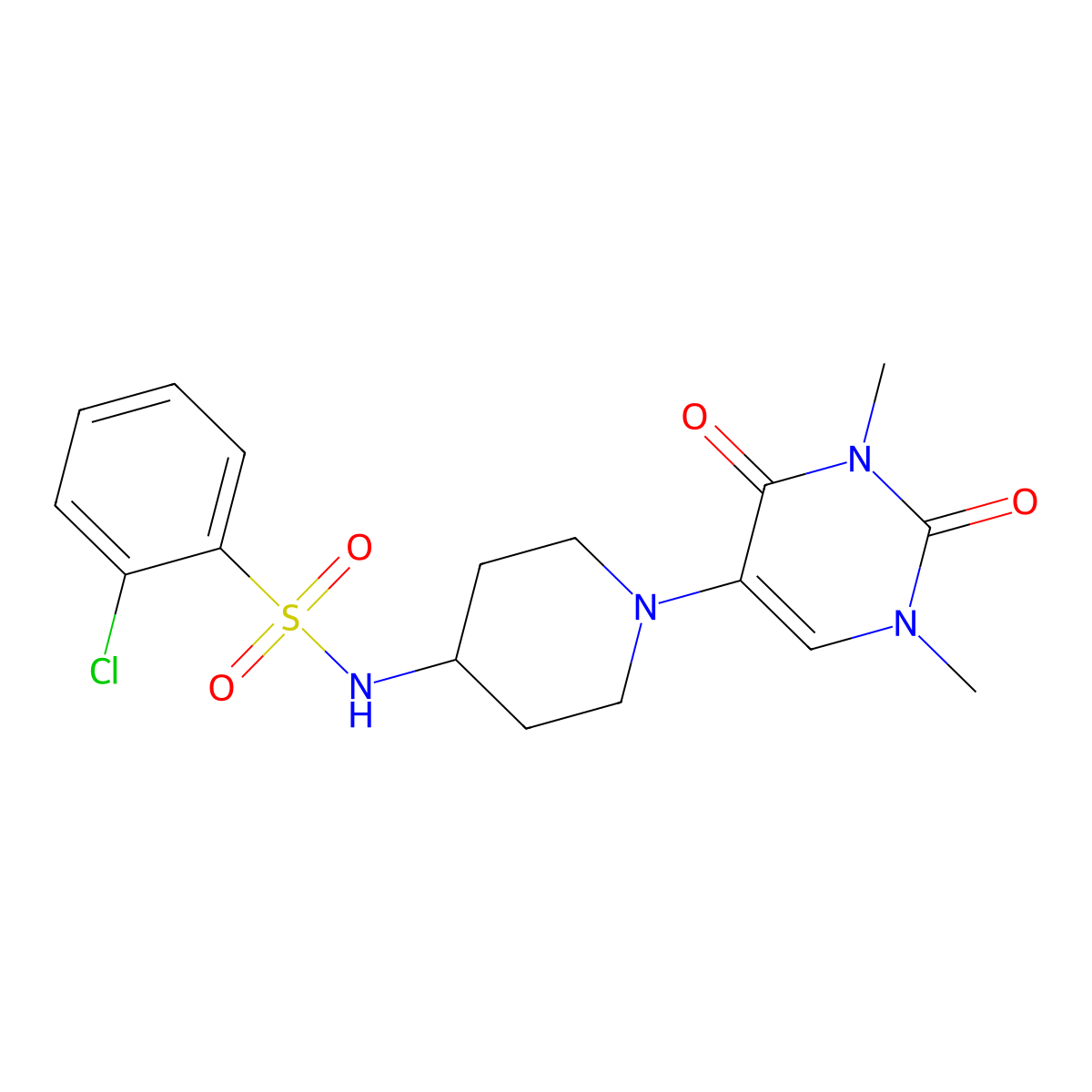 2-chloro-N-[1-(1,3-dimethyl-2,4-dioxo-1,2,3,4-tetrahydropyrimidin-5-yl)piperidin-4-yl]benzene-1-sulfonamide molecular structure, CAS 2549027-50-9