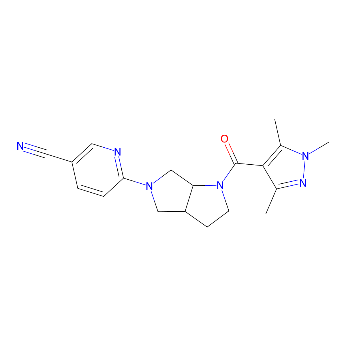 6-[1-(1,3,5-trimethyl-1H-pyrazole-4-carbonyl)-octahydropyrrolo[2,3-c]pyrrol-5-yl]pyridine-3-carbonitrile molecular structure, CAS 2549027-54-3