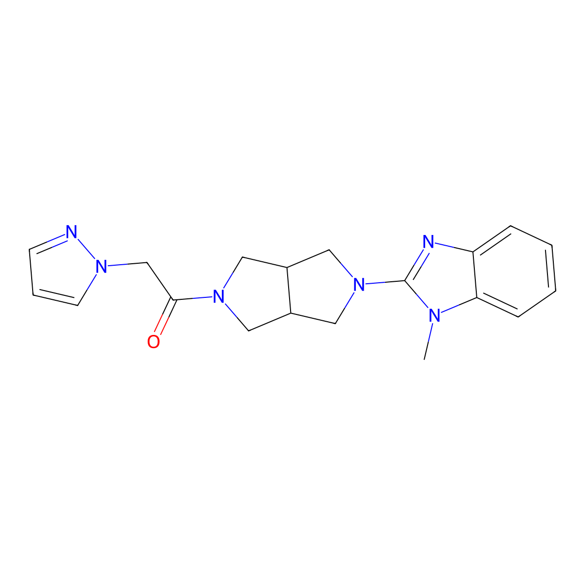 1-[5-(1-methyl-1H-1,3-benzodiazol-2-yl)-octahydropyrrolo[3,4-c]pyrrol-2-yl]-2-(1H-pyrazol-1-yl)ethan-1-one molecular structure, CAS 2549027-55-4