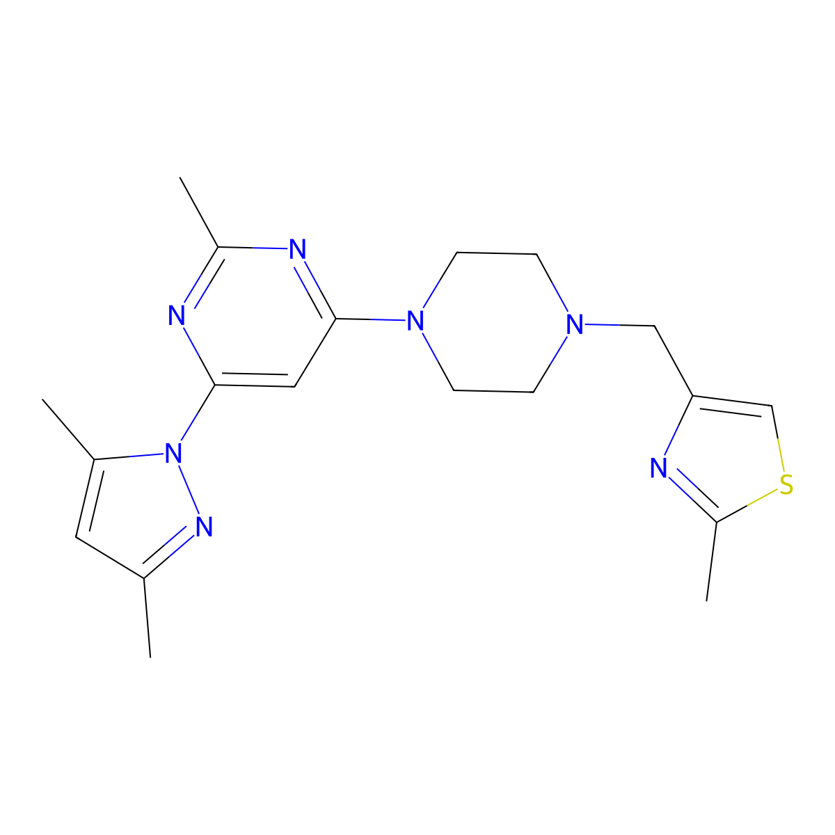 4-(3,5-dimethyl-1H-pyrazol-1-yl)-2-methyl-6-{4-[(2-methyl-1,3-thiazol-4-yl)methyl]piperazin-1-yl}pyrimidine molecular structure, CAS 2549027-58-7