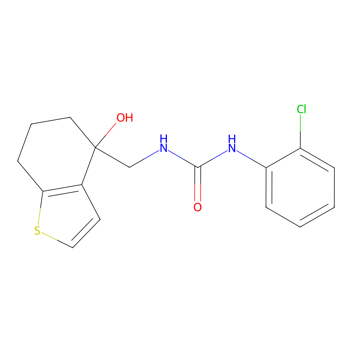1-(2-Chlorophenyl)-3-[(4-hydroxy-4,5,6,7-tetrahydro-1-benzothiophen-4-yl)methyl]urea molecular structure, CAS 2549027-60-1