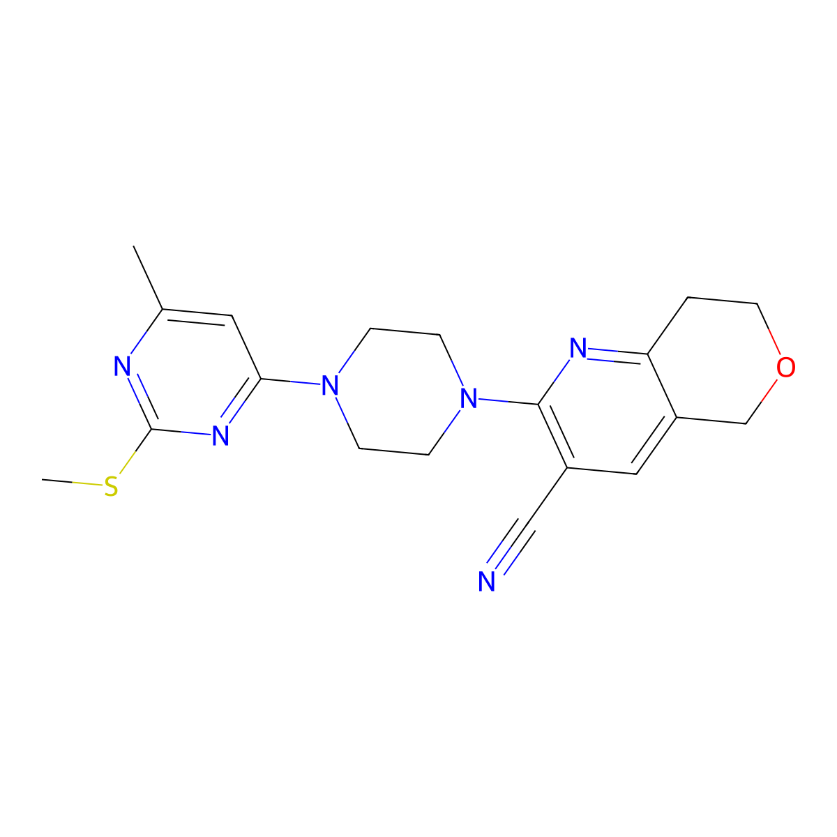 2-{4-[6-methyl-2-(methylsulfanyl)pyrimidin-4-yl]piperazin-1-yl}-5H,7H,8H-pyrano[4,3-b]pyridine-3-carbonitrile molecular structure, CAS 2549027-63-4