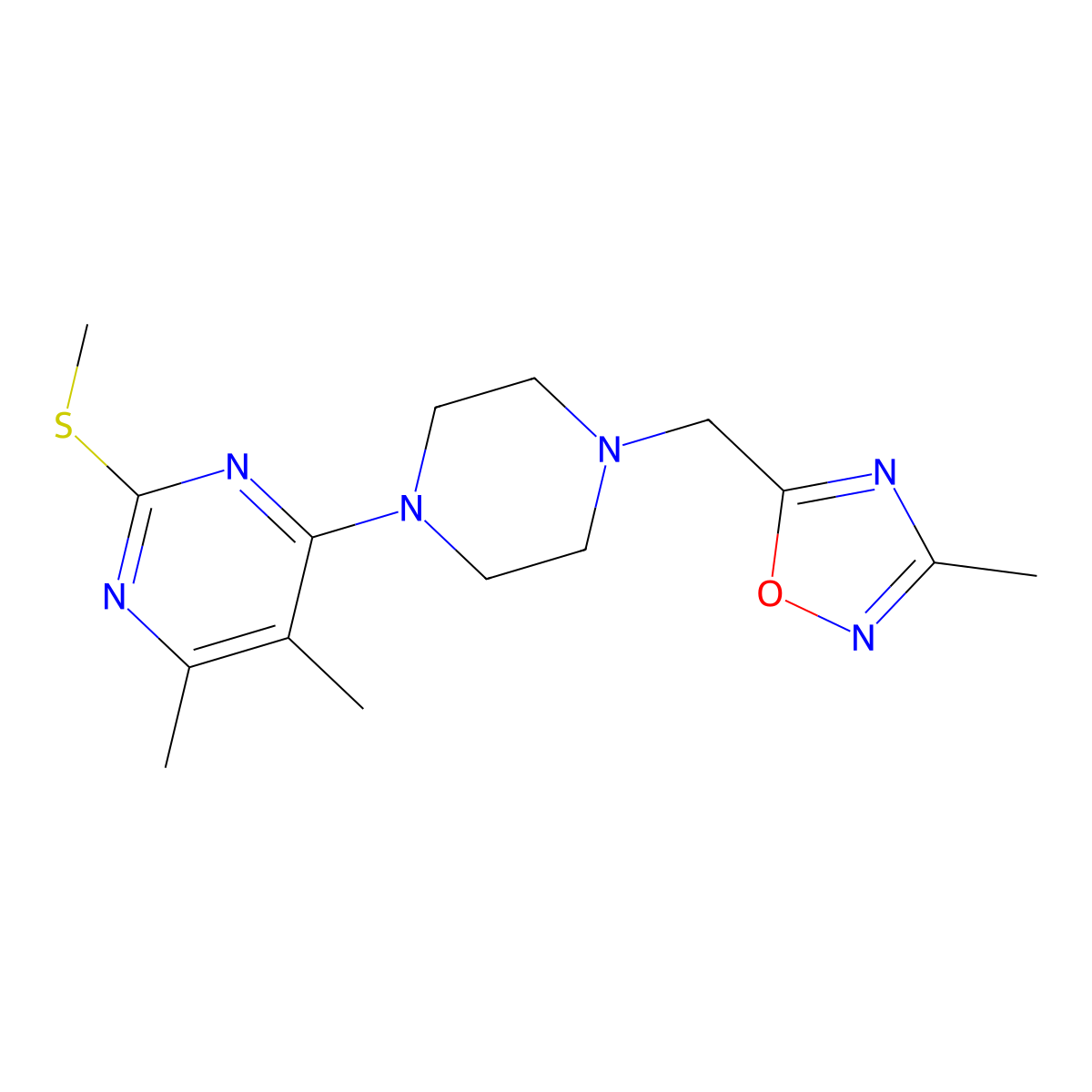 4,5-Dimethyl-6-{4-[(3-methyl-1,2,4-oxadiazol-5-yl)methyl]piperazin-1-yl}-2-(methylsulfanyl)pyrimidine molecular structure, CAS 2549027-64-5