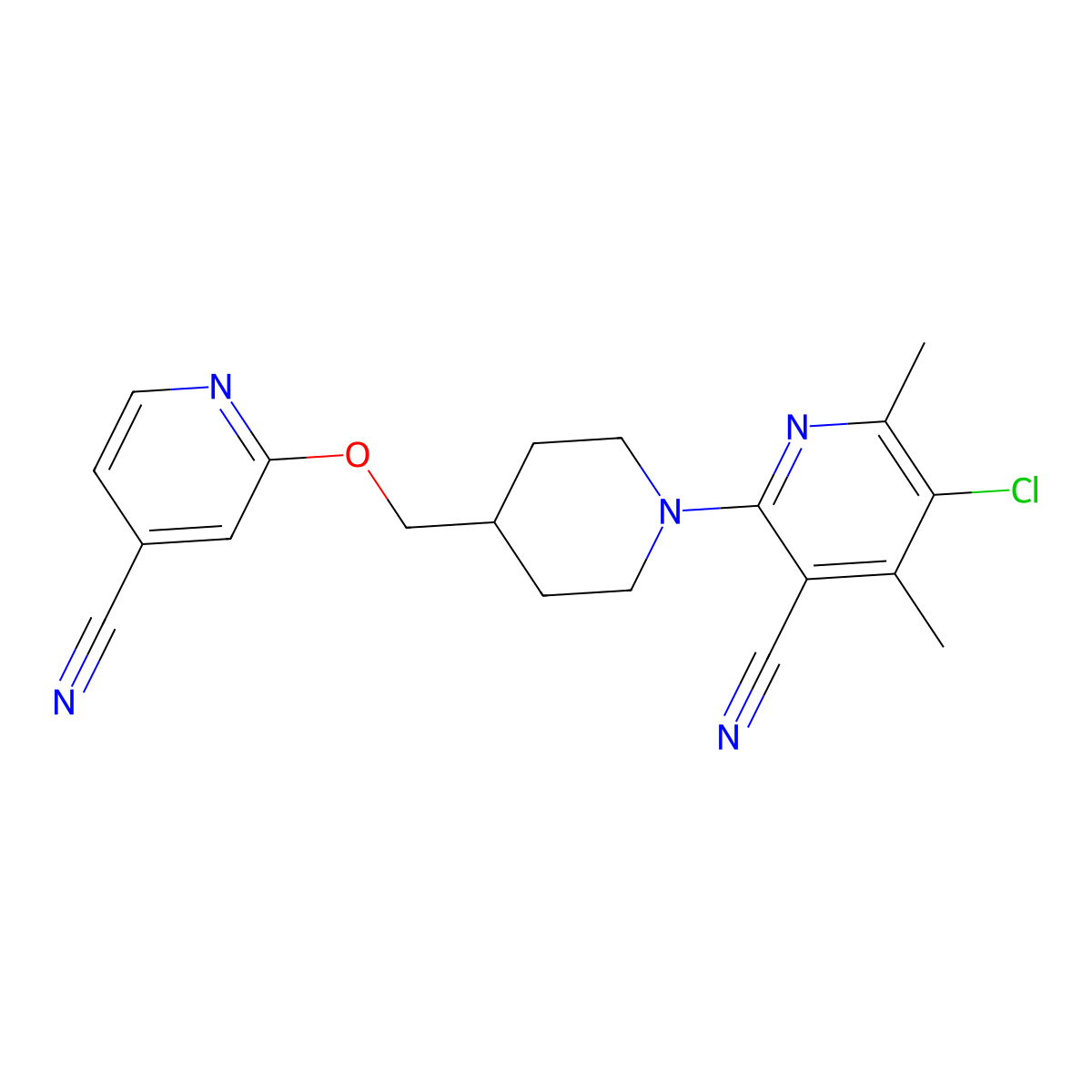 5-Chloro-2-(4-{[(4-cyanopyridin-2-yl)oxy]methyl}piperidin-1-yl)-4,6-dimethylpyridine-3-carbonitrile molecular structure, CAS 2549027-73-6