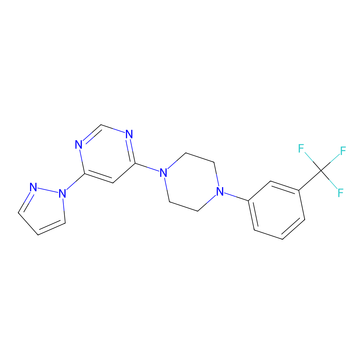 4-(1H-pyrazol-1-yl)-6-{4-[3-(trifluoromethyl)phenyl]piperazin-1-yl}pyrimidine molecular structure, CAS 2549027-95-2