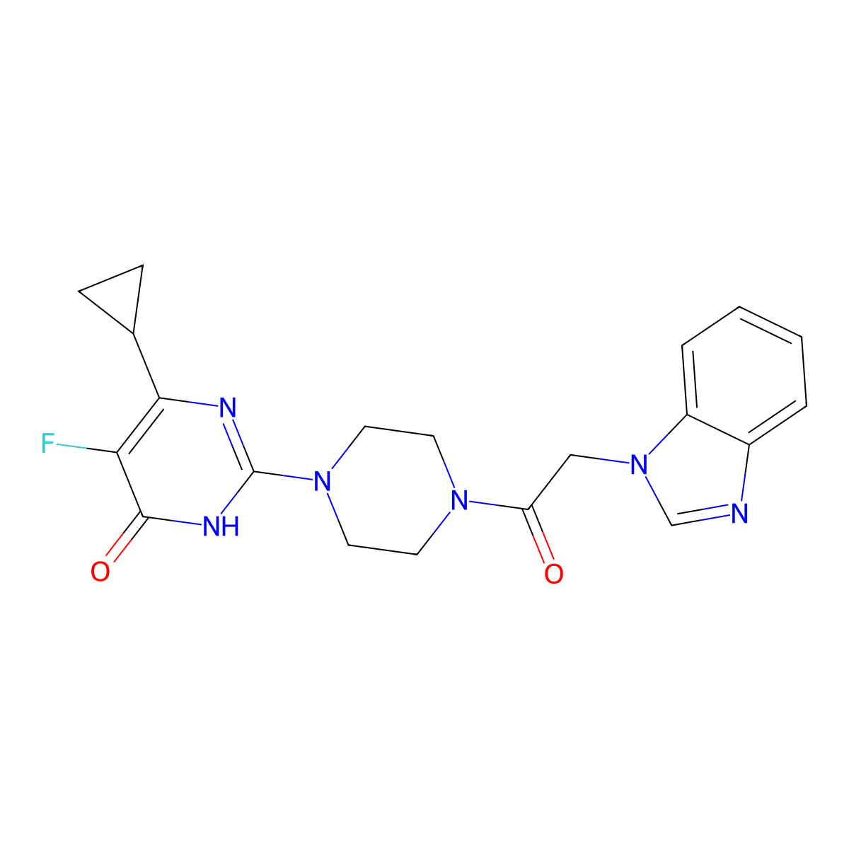 2-{4-[2-(1H-1,3-benzodiazol-1-yl)acetyl]piperazin-1-yl}-6-cyclopropyl-5-fluoro-3,4-dihydropyrimidin-4-one molecular structure, CAS 2549027-98-5