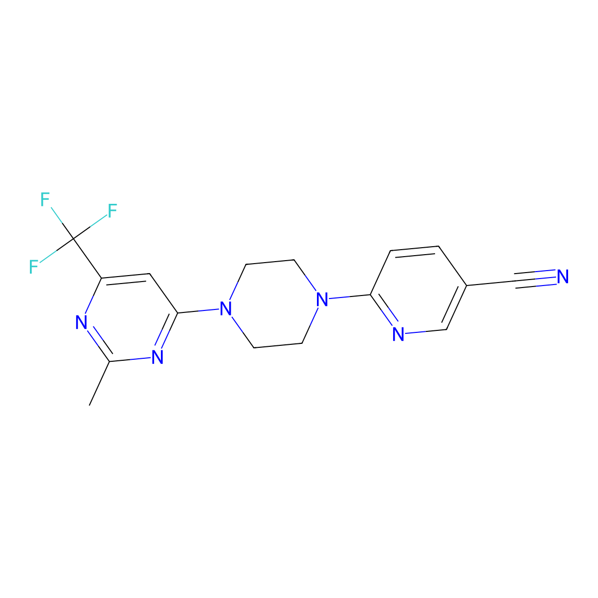 6-{4-[2-Methyl-6-(trifluoromethyl)pyrimidin-4-yl]piperazin-1-yl}pyridine-3-carbonitrile molecular structure, CAS 2549028-04-6