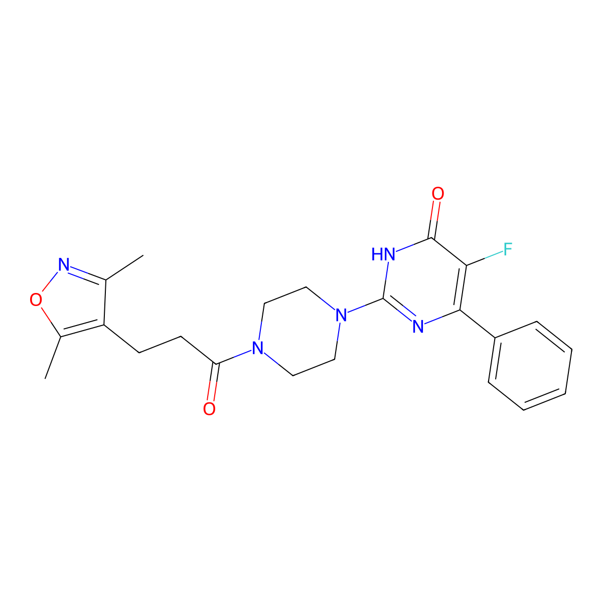 2-{4-[3-(3,5-Dimethyl-1,2-oxazol-4-yl)propanoyl]piperazin-1-yl}-5-fluoro-6-phenyl-3,4-dihydropyrimidin-4-one molecular structure, CAS 2549028-07-9