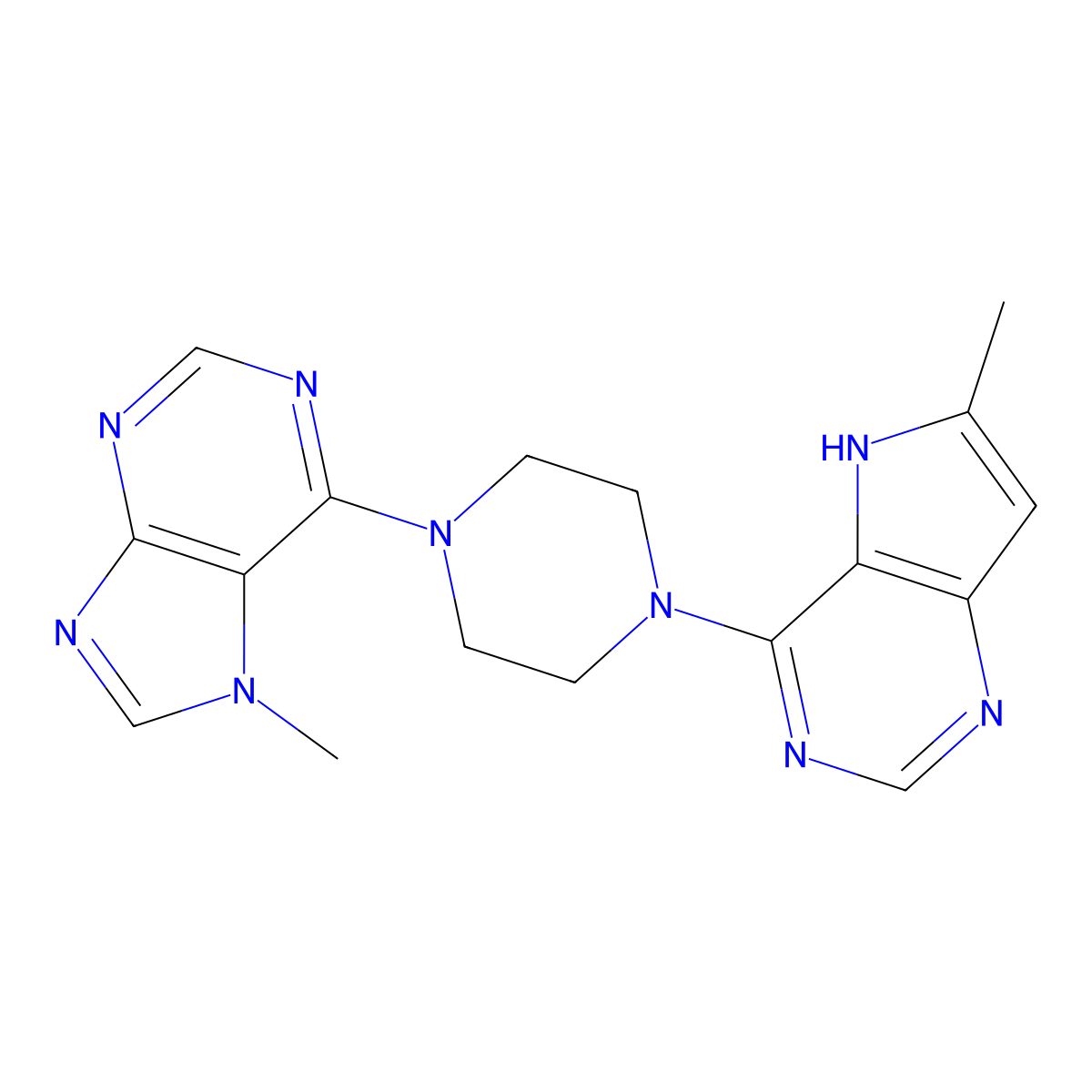 7-methyl-6-(4-{6-methyl-5H-pyrrolo[3,2-d]pyrimidin-4-yl}piperazin-1-yl)-7H-purine molecular structure, CAS 2549028-10-4