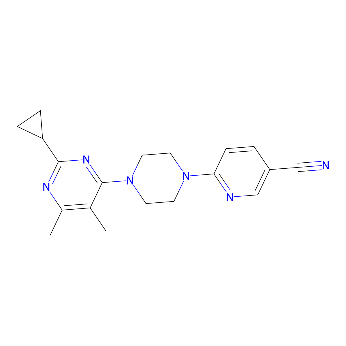 6-[4-(2-Cyclopropyl-5,6-dimethylpyrimidin-4-yl)piperazin-1-yl]pyridine-3-carbonitrile molecular structure, CAS 2549028-12-6