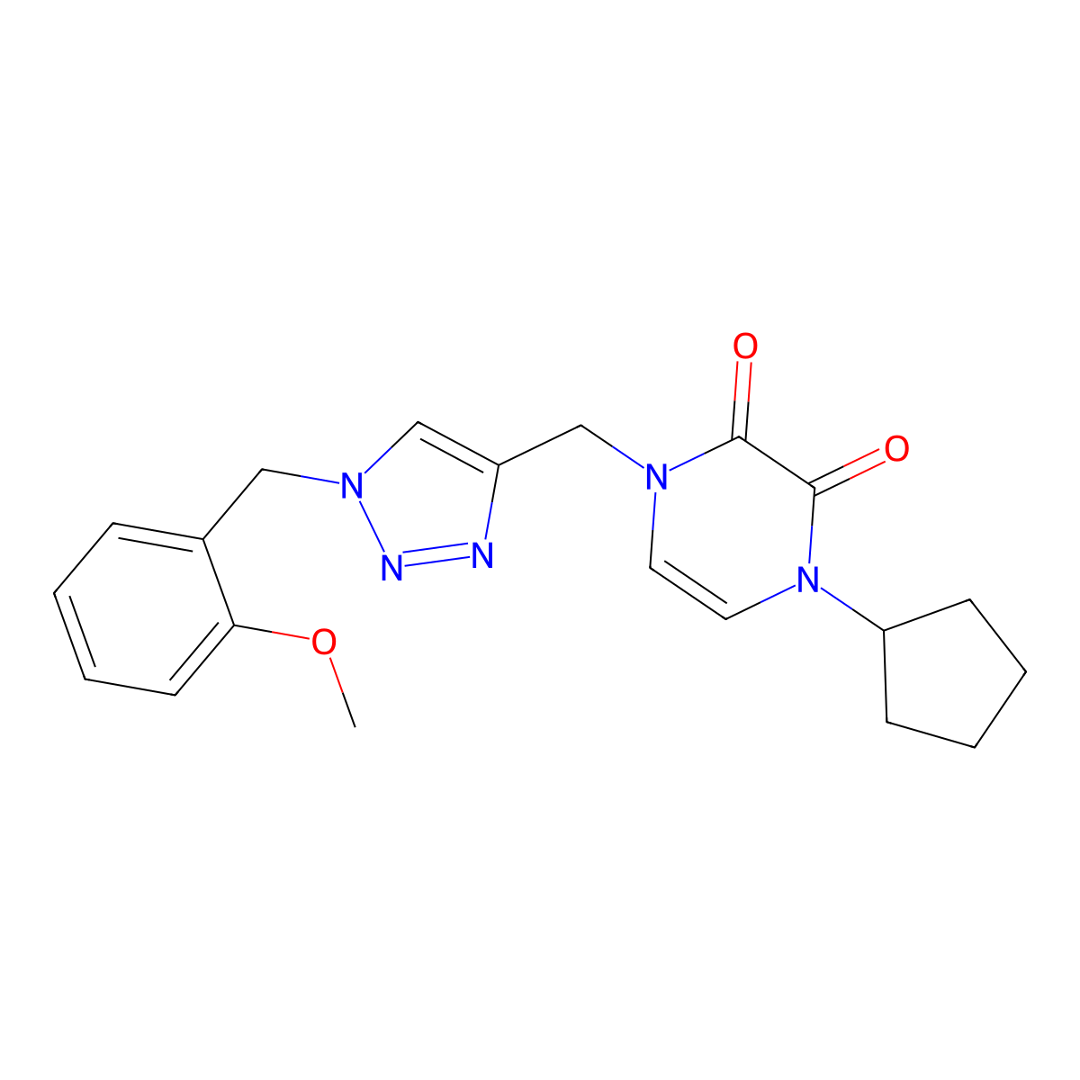 1-cyclopentyl-4-({1-[(2-methoxyphenyl)methyl]-1H-1,2,3-triazol-4-yl}methyl)-1,2,3,4-tetrahydropyrazine-2,3-dione molecular structure, CAS 2549028-13-7