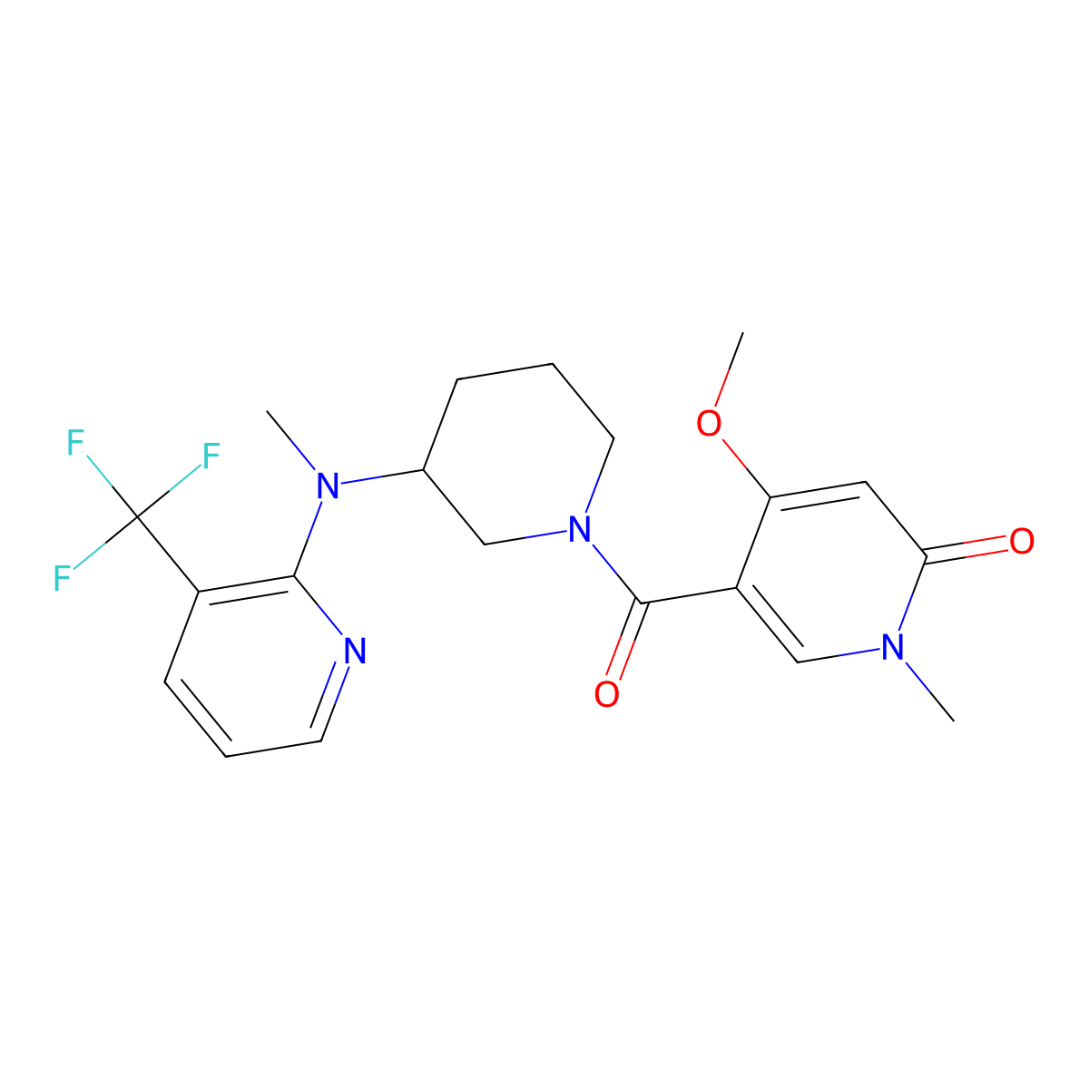 4-Methoxy-1-methyl-5-(3-{methyl[3-(trifluoromethyl)pyridin-2-yl]amino}piperidine-1-carbonyl)-1,2-dihydropyridin-2-one molecular structure, CAS 2549028-14-8
