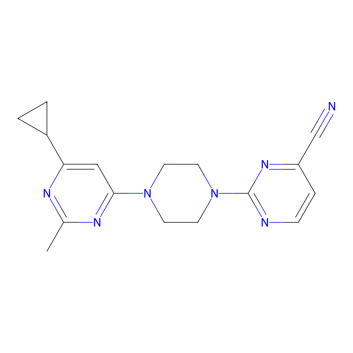 2-[4-(6-Cyclopropyl-2-methylpyrimidin-4-yl)piperazin-1-yl]pyrimidine-4-carbonitrile molecular structure, CAS 2549028-17-1