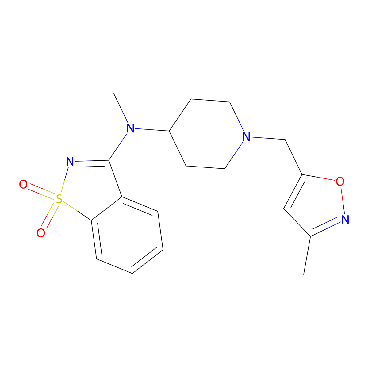 3-[Methyl({1-[(3-methyl-1,2-oxazol-5-yl)methyl]piperidin-4-yl})amino]-1,2-benzothiazole-1,1-dione molecular structure, CAS 2549028-21-7