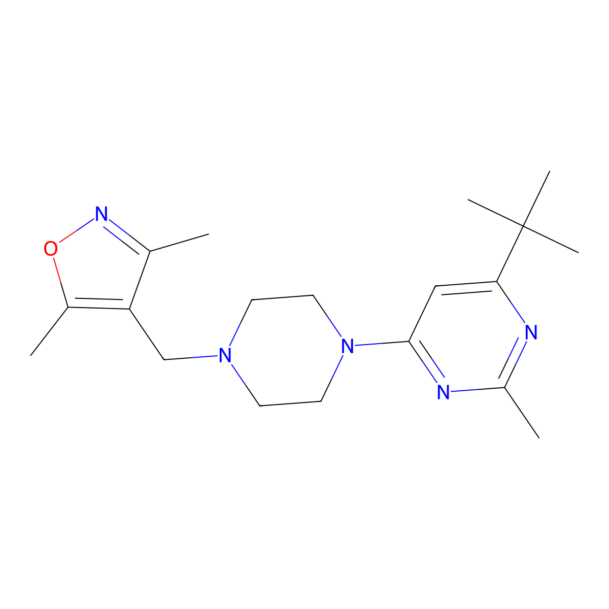 4-Tert-butyl-6-{4-[(3,5-dimethyl-1,2-oxazol-4-yl)methyl]piperazin-1-yl}-2-methylpyrimidine molecular structure, CAS 2549028-42-2