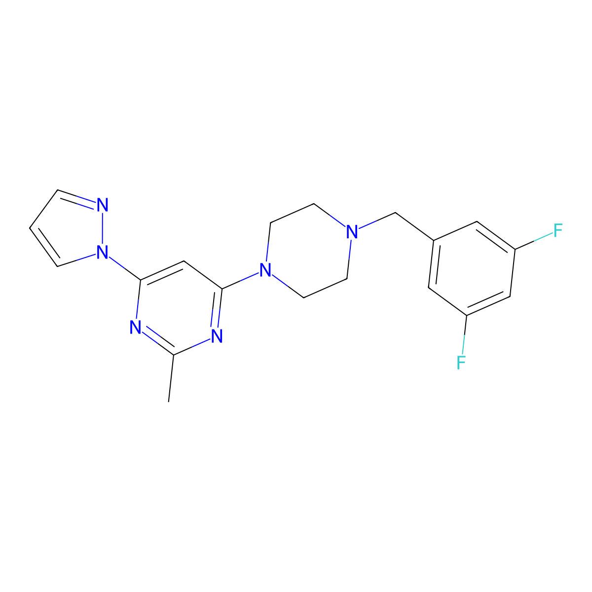 4-{4-[(3,5-difluorophenyl)methyl]piperazin-1-yl}-2-methyl-6-(1H-pyrazol-1-yl)pyrimidine molecular structure, CAS 2549028-44-4
