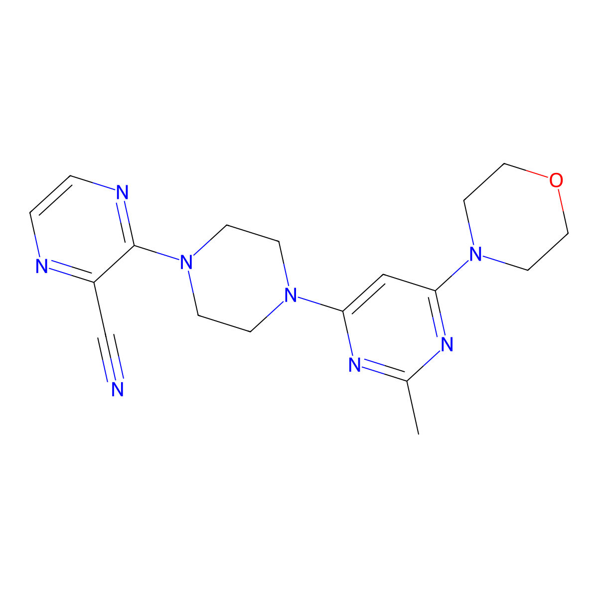 3-{4-[2-Methyl-6-(morpholin-4-yl)pyrimidin-4-yl]piperazin-1-yl}pyrazine-2-carbonitrile molecular structure, CAS 2549028-50-2